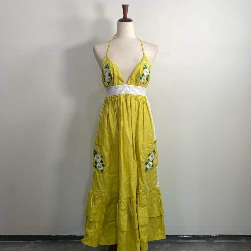 Fanm Mon Halter Linen Dress Medium Floral Embroidered NWT - Picture 1 of 14